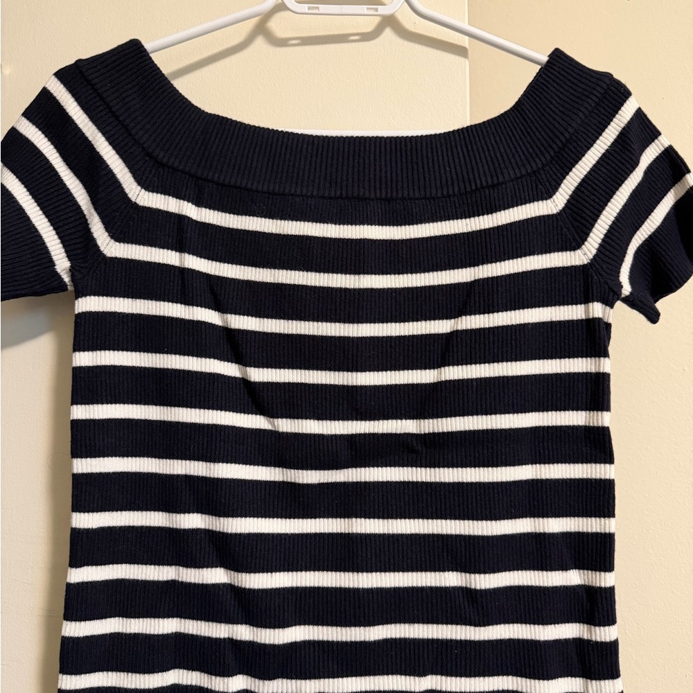 Catherines Off-the-Shoulder Navy and White Sweater